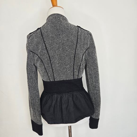 Anthropologie Military Jacket Herringbone Ruffle Hem Structured Black Women 4 - Picture 3 of 12